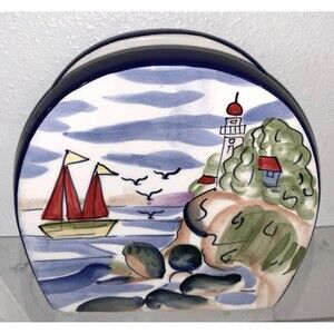 Baum Bros Napkin Holder Style Eyes Nantucket Ceramic Sailing Blue Nautical